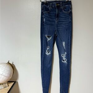 American Eagle Outfitters Straight Leg Blue Jeans with Distressed Details